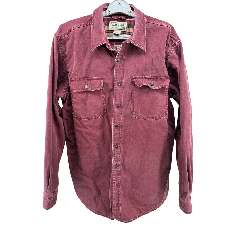LL Bean Mens L Tall Flannel Lined Shirt Jacket Burgundy Cotton Plaid‎